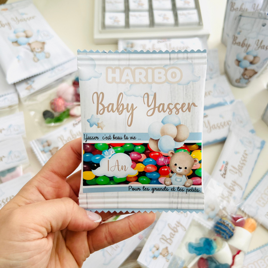 sachet de bonbons HARIBO personnalisé avec étiquette pour anniversaire