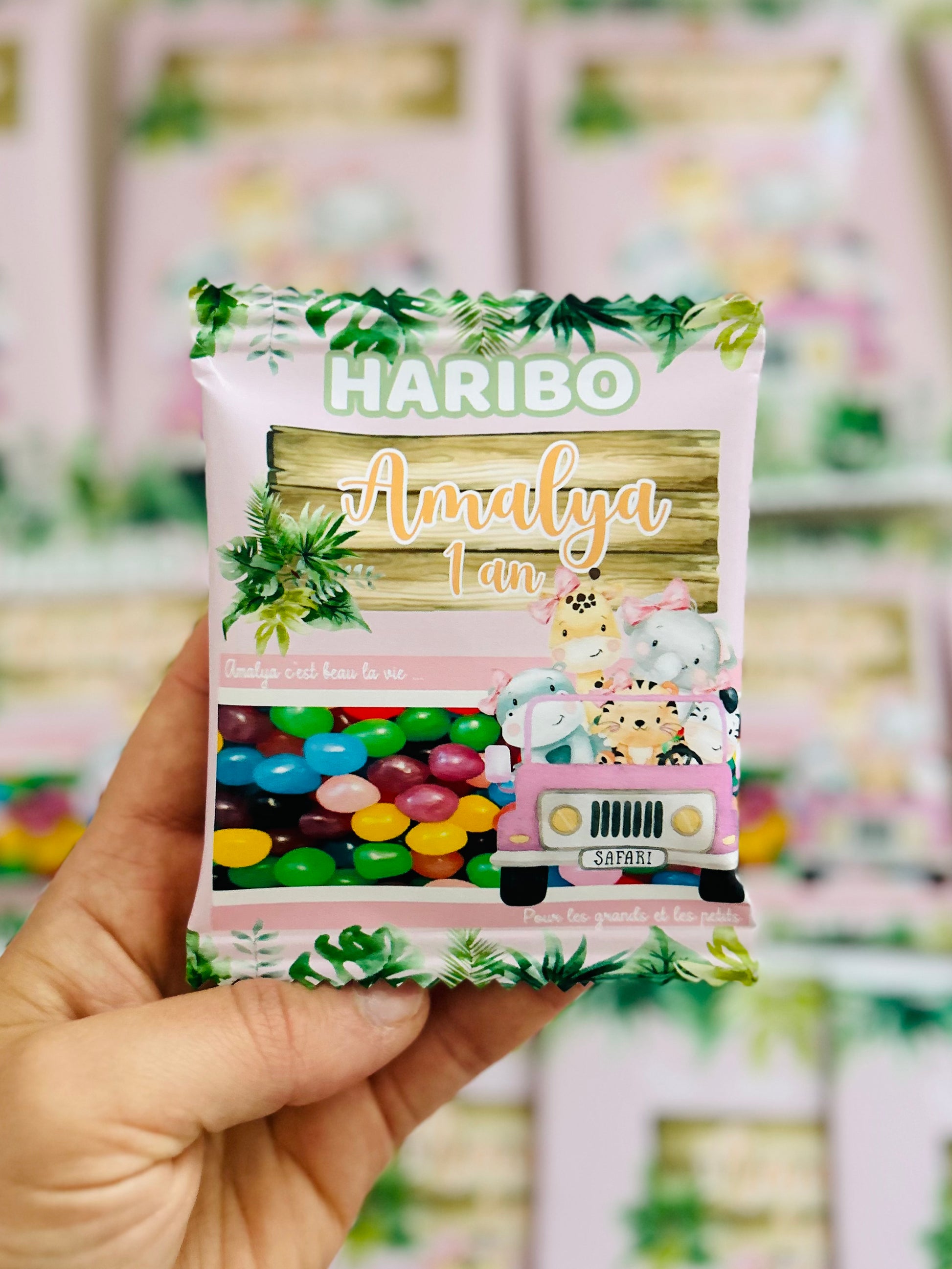 sachet de bonbons HARIBO personnalisé avec étiquette pour anniversaire
