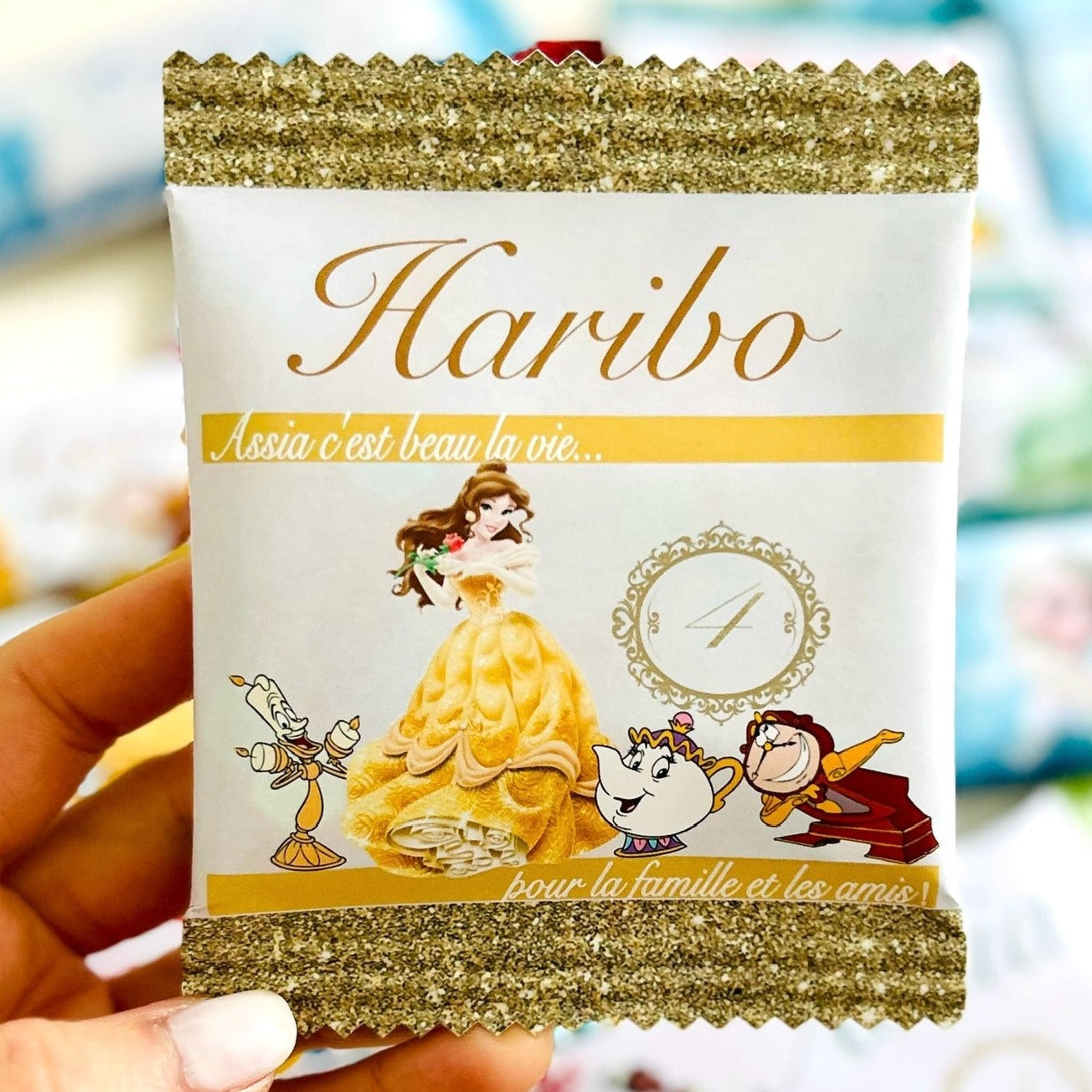 sachet de bonbons HARIBO personnalisé avec étiquette pour anniversaire princesses disney