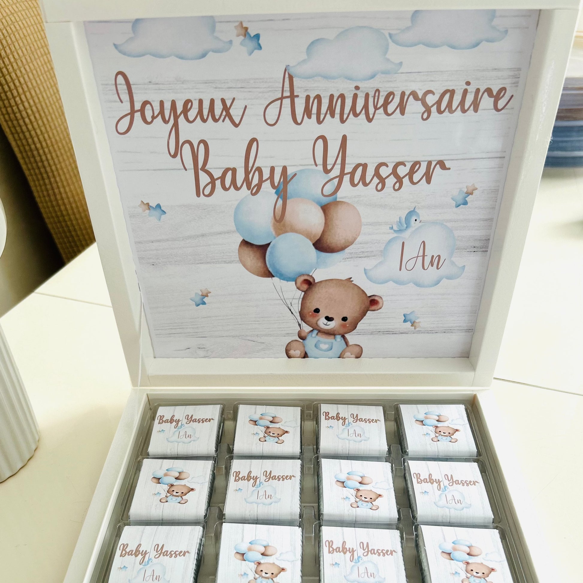 boite chocolat personnalise décoration anniversaire à thème ourson bébé 1 an  cadeau invité personnalisée