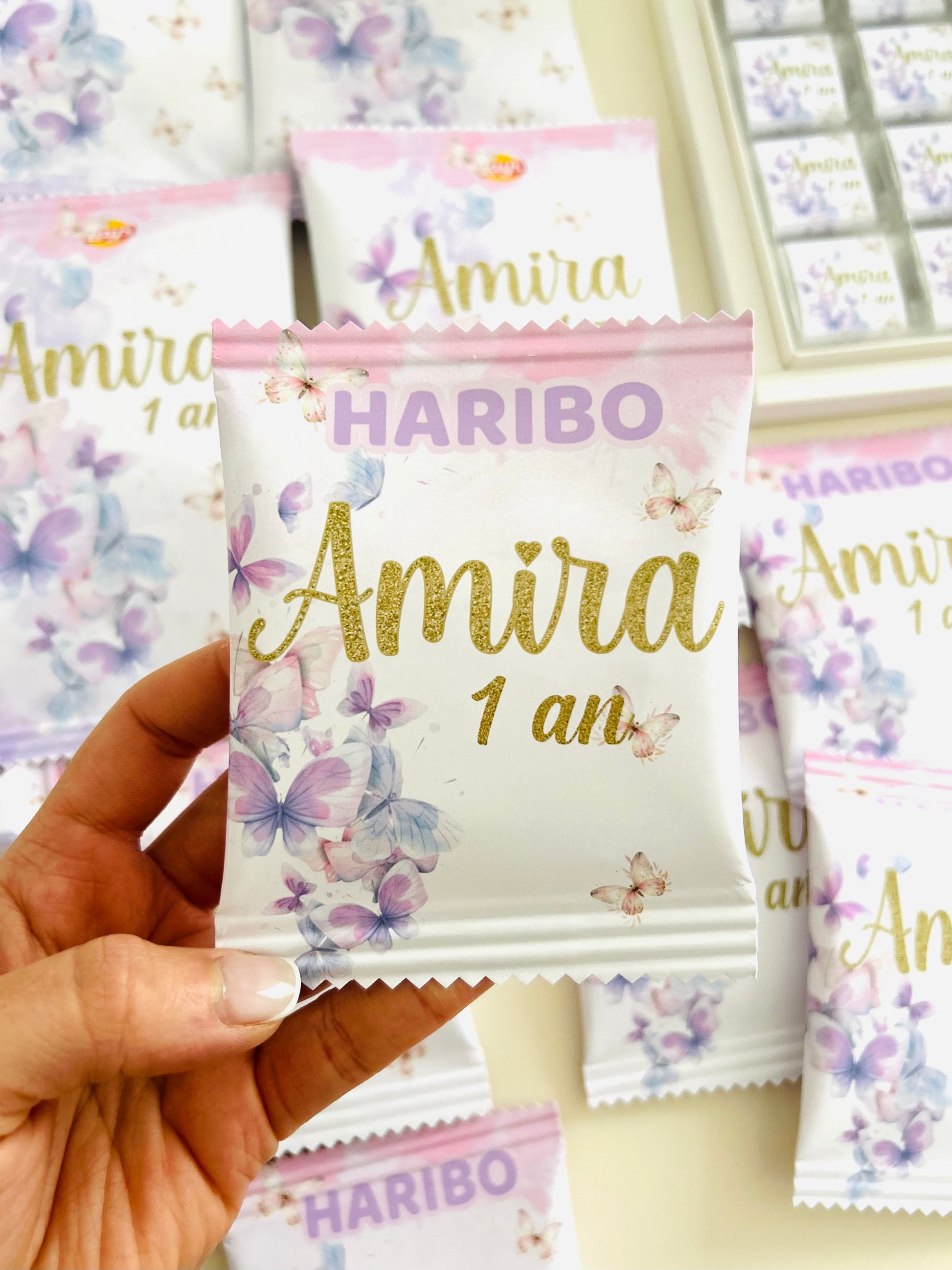 sachet de bonbons HARIBO personnalisé avec étiquette pour anniversaire 