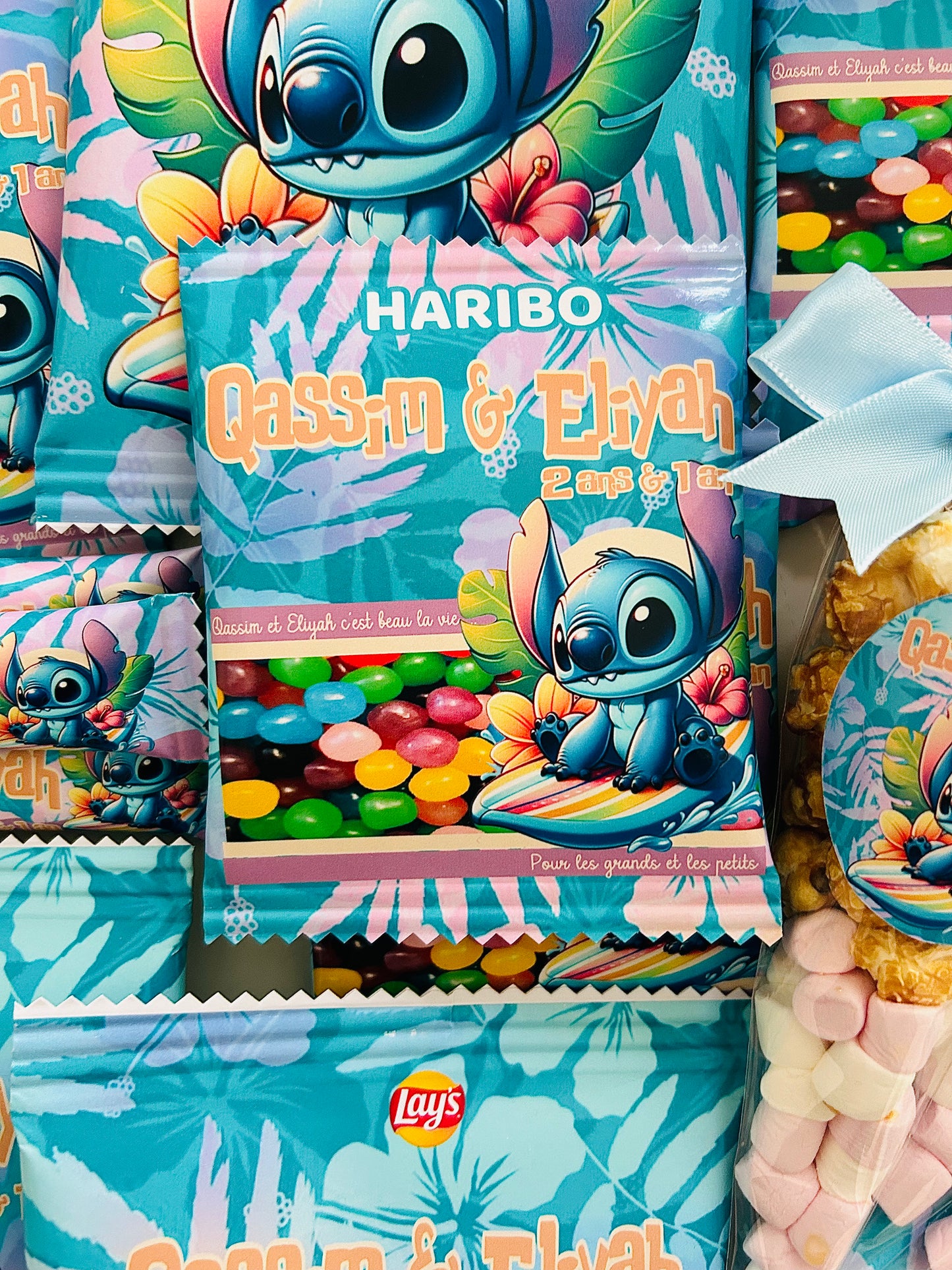 sachet de bonbons HARIBO personnalisé avec étiquette pour anniversaire stitch