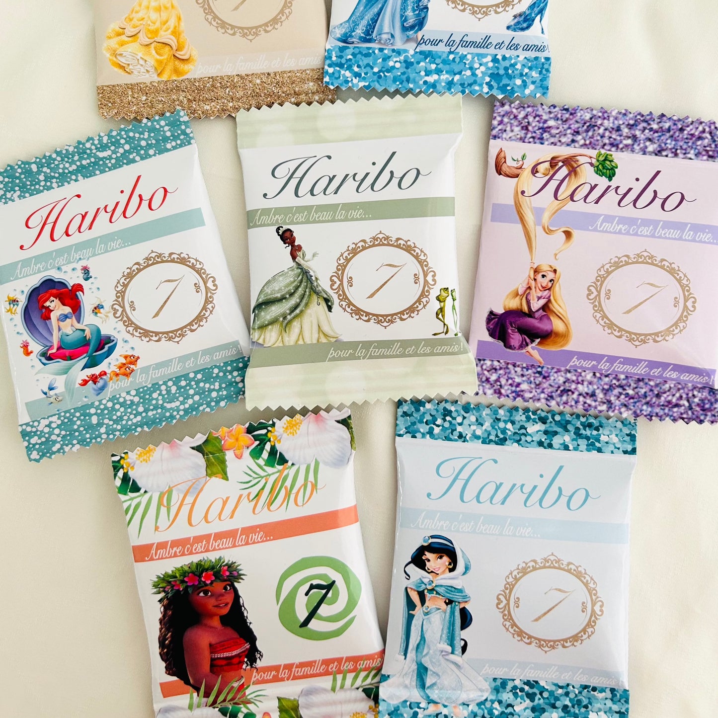 sachet de bonbons HARIBO personnalisé avec étiquette pour anniversaire princesses disney